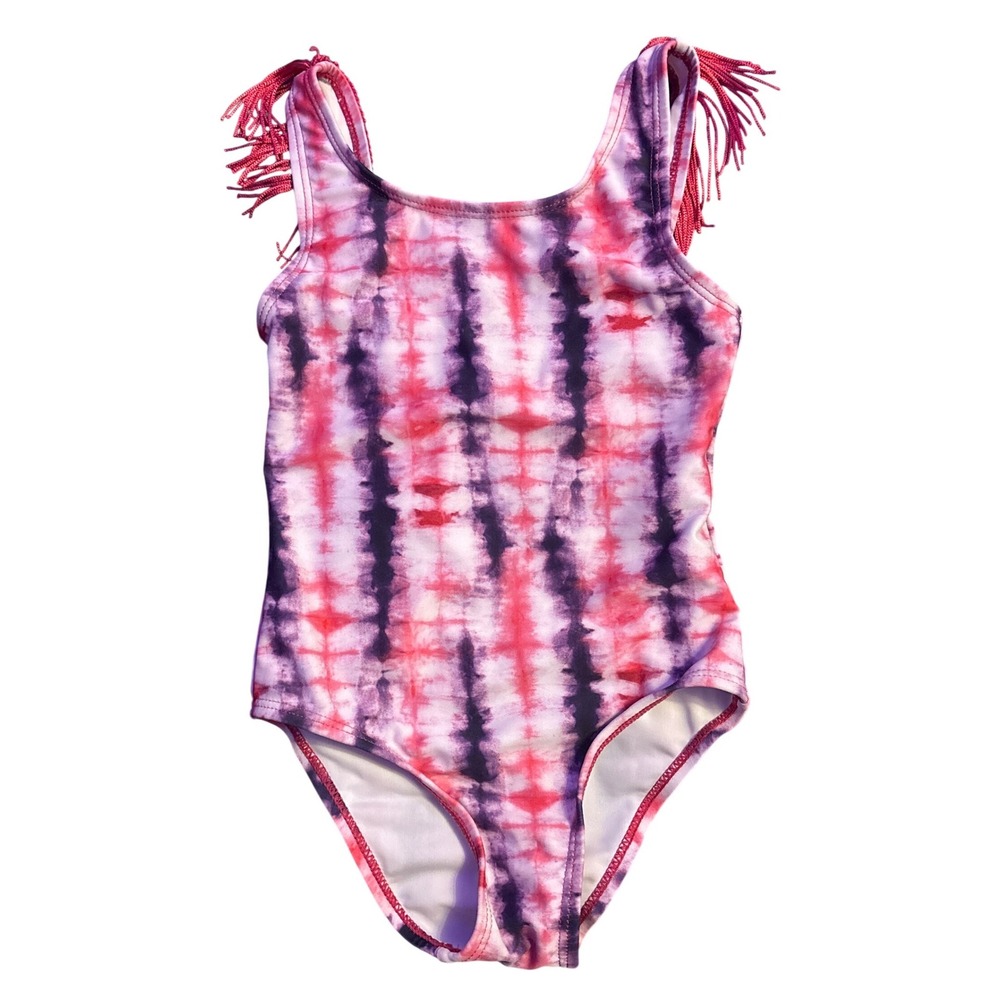 Andy & Evan Girls Pink Purple Tie Dye Fringe One Piece Swimsuit UPF 50+ 3T